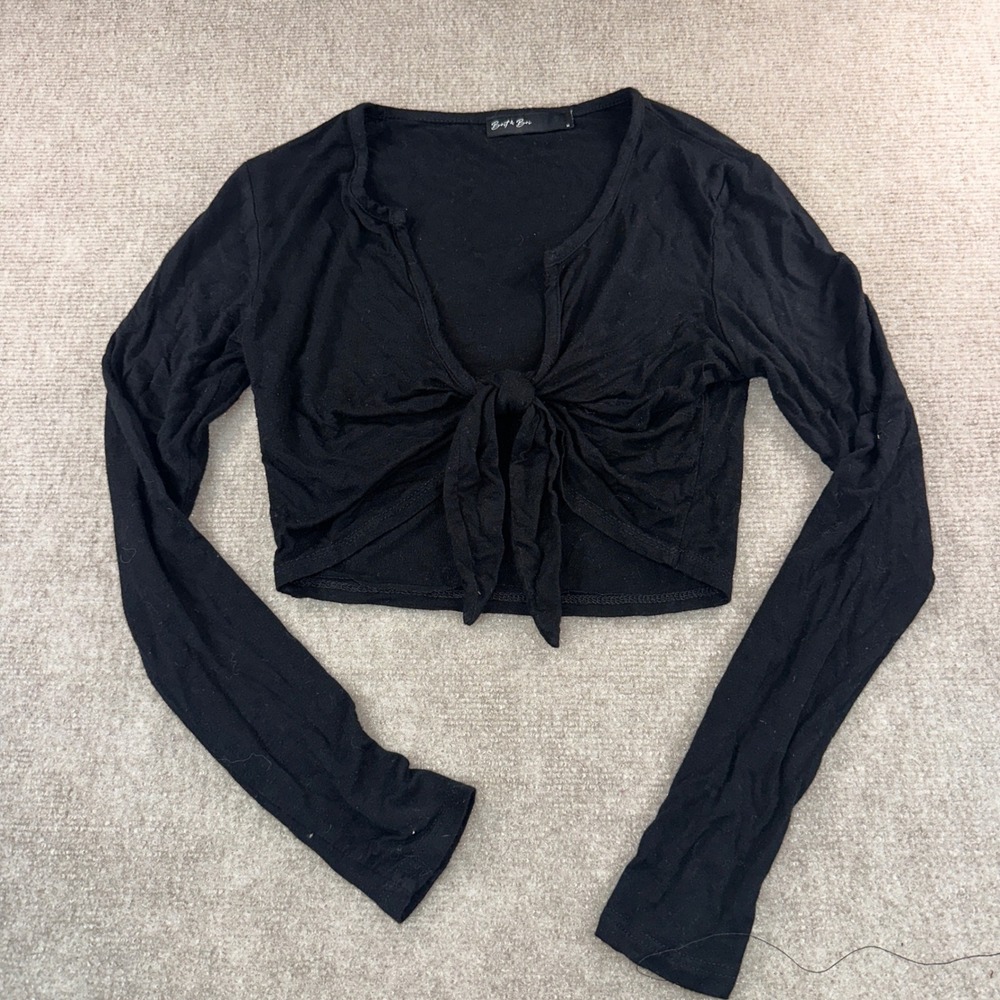 Brit & Bri Womens Long Sleeve Tie Front Crop Top Black V-Neck Size M